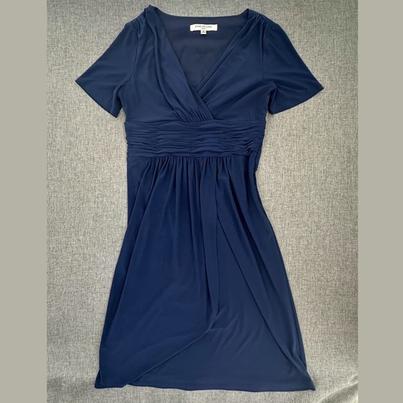Evan Picone Dress Navy Blue Sz 8 V-Neck Short Sleeve Stretch Zipper Closure - Picture 1 of 15